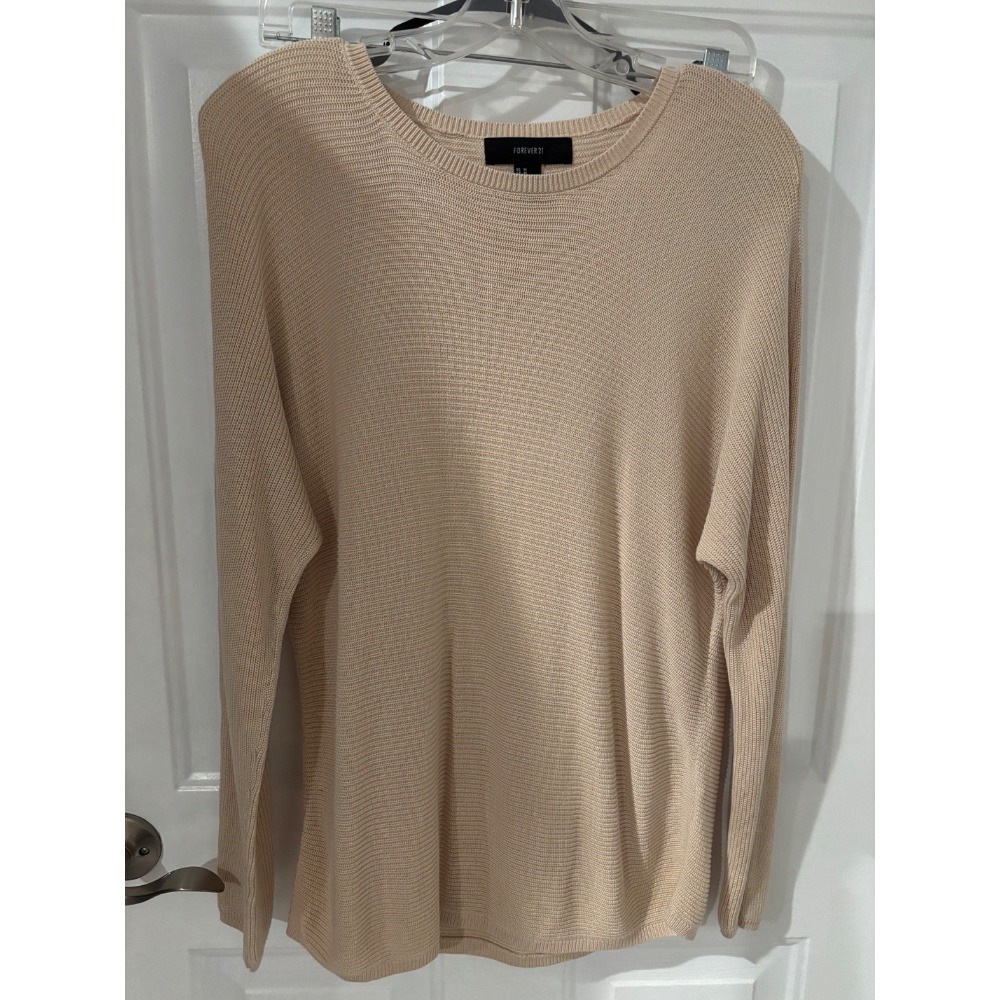 Forever 21 Ribbed Knit Top Long Sleeve Crew Neck Basic‎ Casual Beige M